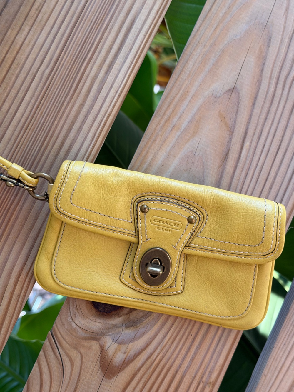 Coach Yellow Legacy Pebbled Leather Wristlet with Turn-Lock